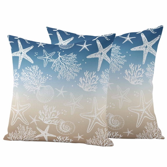 Blue Brown Ombre Coastal Outdoor Waterproof Pillow Covers, Sea Nautical Summer Beach Starfish Coral Decorative Square Throw Pillowcase Sofa Cushion Sham for Patio/Couch/Chair, 16"x16" 2 Pack