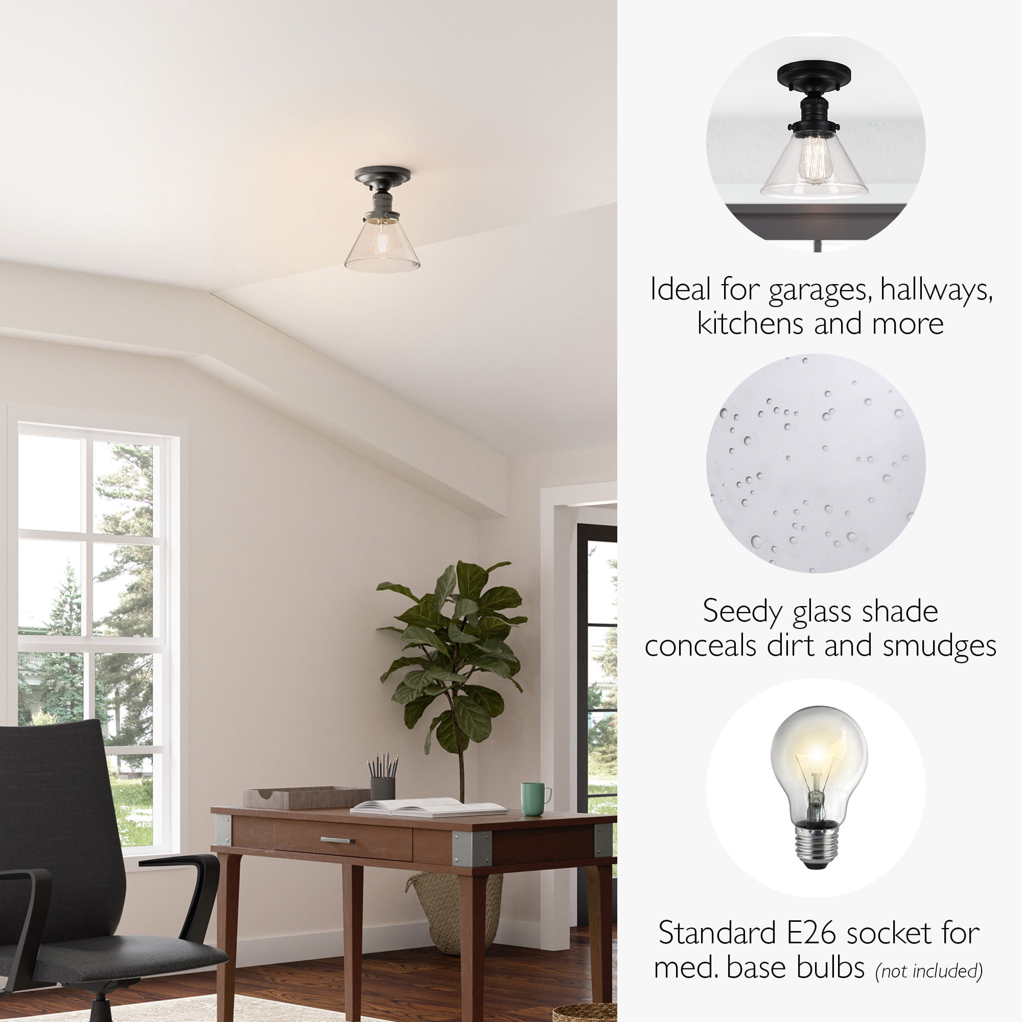 Corwin Ceiling Light, 1-Light Black Semi-Flush Fixture with Seeded Glass, Dimmable, 7.9 in L x 7.9 in W x 9.1 in H