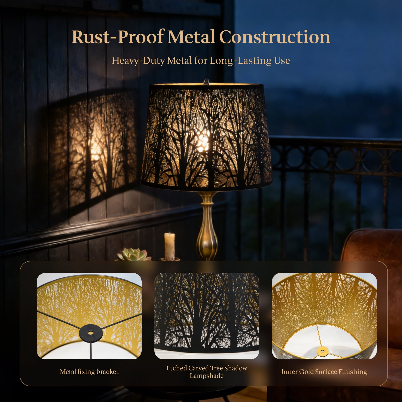 SWAIFDEE Metal Lampshade, Etched Forest Drum Lamp Shade, Black & Gold, Spider Fitter for Table & Floor Lamps, 12x14x10 Inch, Large Replacement Light Cover