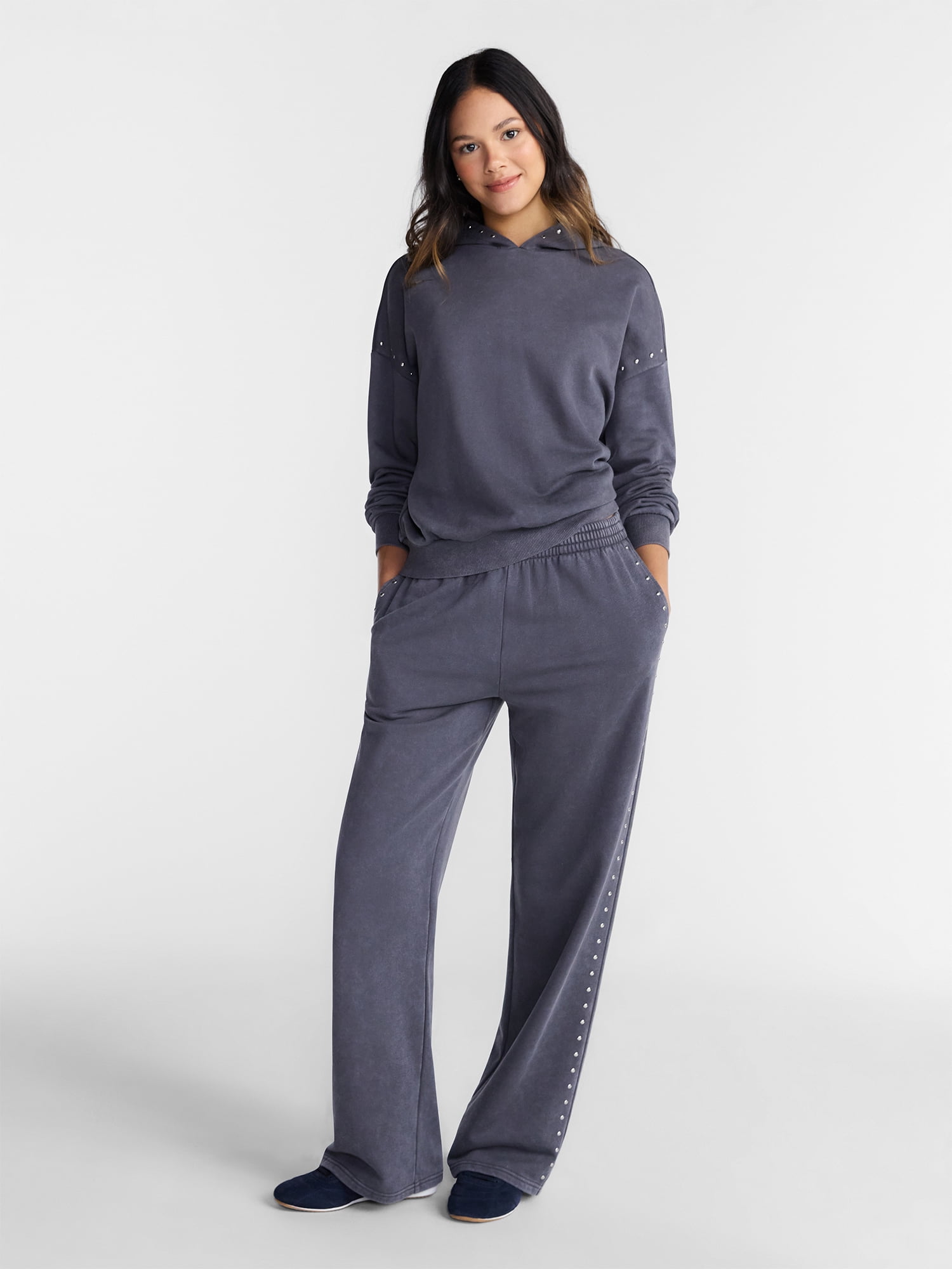 No Boundaries Mineral Wash Studded Fleece Oversized Hoodie, Women's XXS-XXL