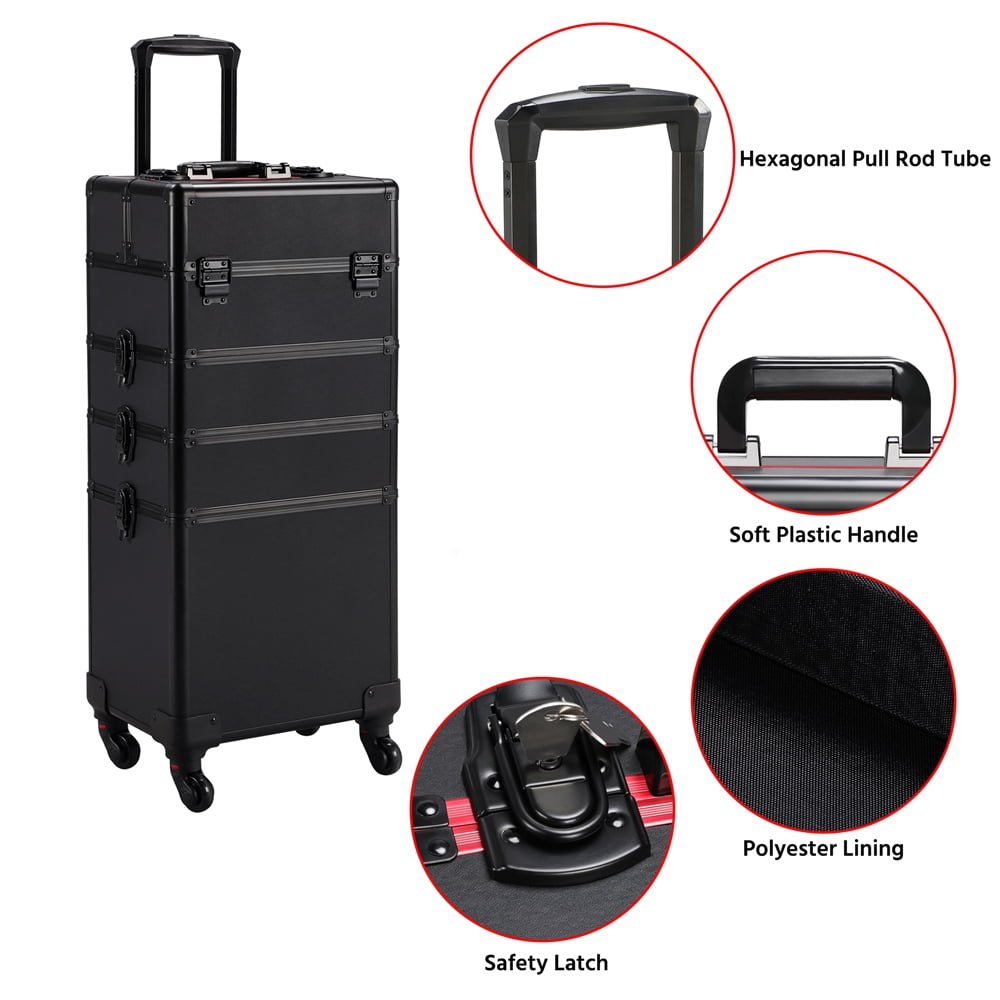 Alden Design Professional 4-in-1 Aluminum Travel Cosmetic Makeup Case, Black