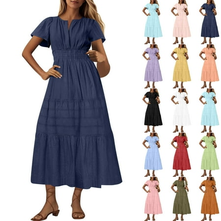 VBTAPA Summer Dresses for Women Short Sleeve V Neck Maxi Dress Smocked Waist A Line Dresses Flowy Tiered Tunic Dress with Pockets Holiday Sales Pink XL