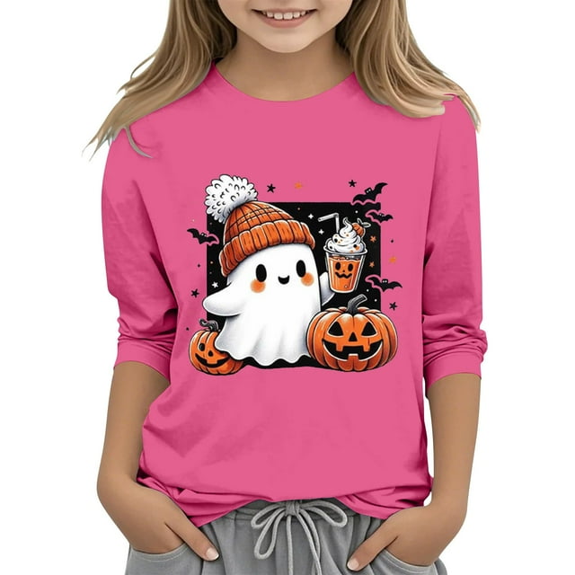 XQYLOS T-Shirt Mignon Festif pour Filles, Haut Décontracté pour Enfants, Imprimé 2D Halloween, Col Rond, Manches Trois-Quarts, Automne Mode