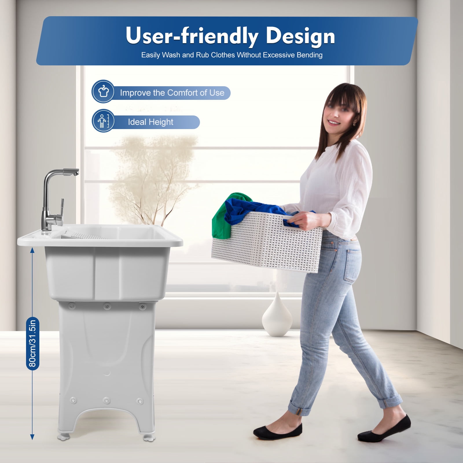 Laundry Sink Spacious Utility Sink with Faucet Storage Shelf Slop Sink Free Standing Polypropylene Garage Sink for Wash (80: 31.5 * 22.05 * 31.5in)