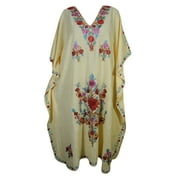 Mogul Kashmiri Caftan Beige Floral Hand Embroidered Kimono Sleeve Bohemian Style Maxi Long Dress For Women