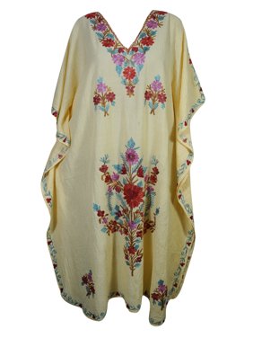 Mogul Kashmiri Caftan Beige Floral Hand Embroidered Kimono Sleeve Bohemian Style Maxi Long Dress For Women