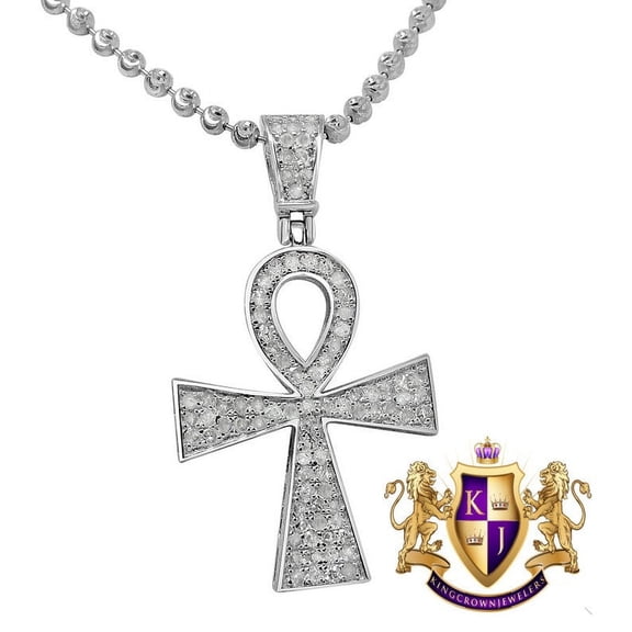Unisex Real Genuine Diamond Egyptian Ankh Cross Mini Pendant Charm Chain Set 10K White Gold Finish