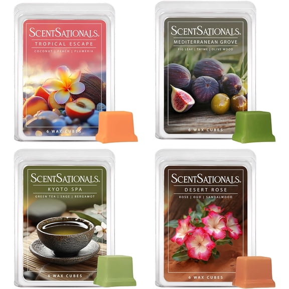 ScentSationals Wax Melts Serene Horizons 4 Pack – Long-Lasting, Strong-Scented Wax Cubes for Warmers, Includes Kyoto Spa, Tropical Escape, Mediterranean Grove, and Desert Rose, 10oz (24 cubes)