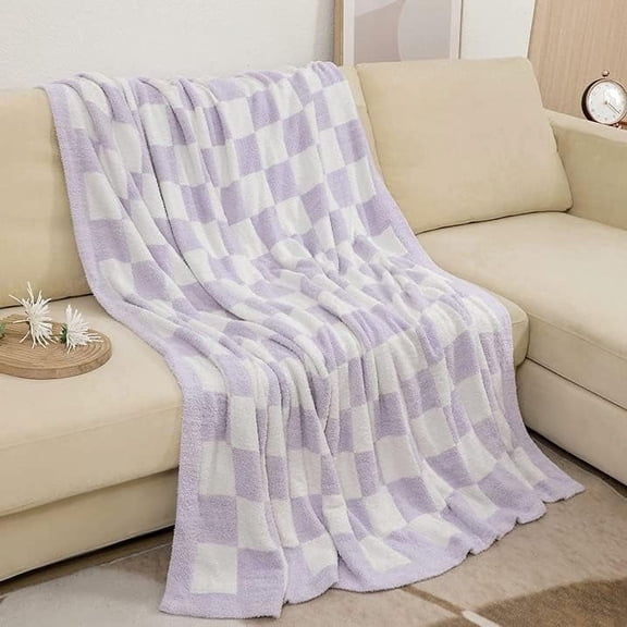 Checkered Blanket Throw Soft Knit Blanket with Checkerboard Grid Pattern for Couch Sofa Bed Camping Travel Gift (Purple, 50"x60")