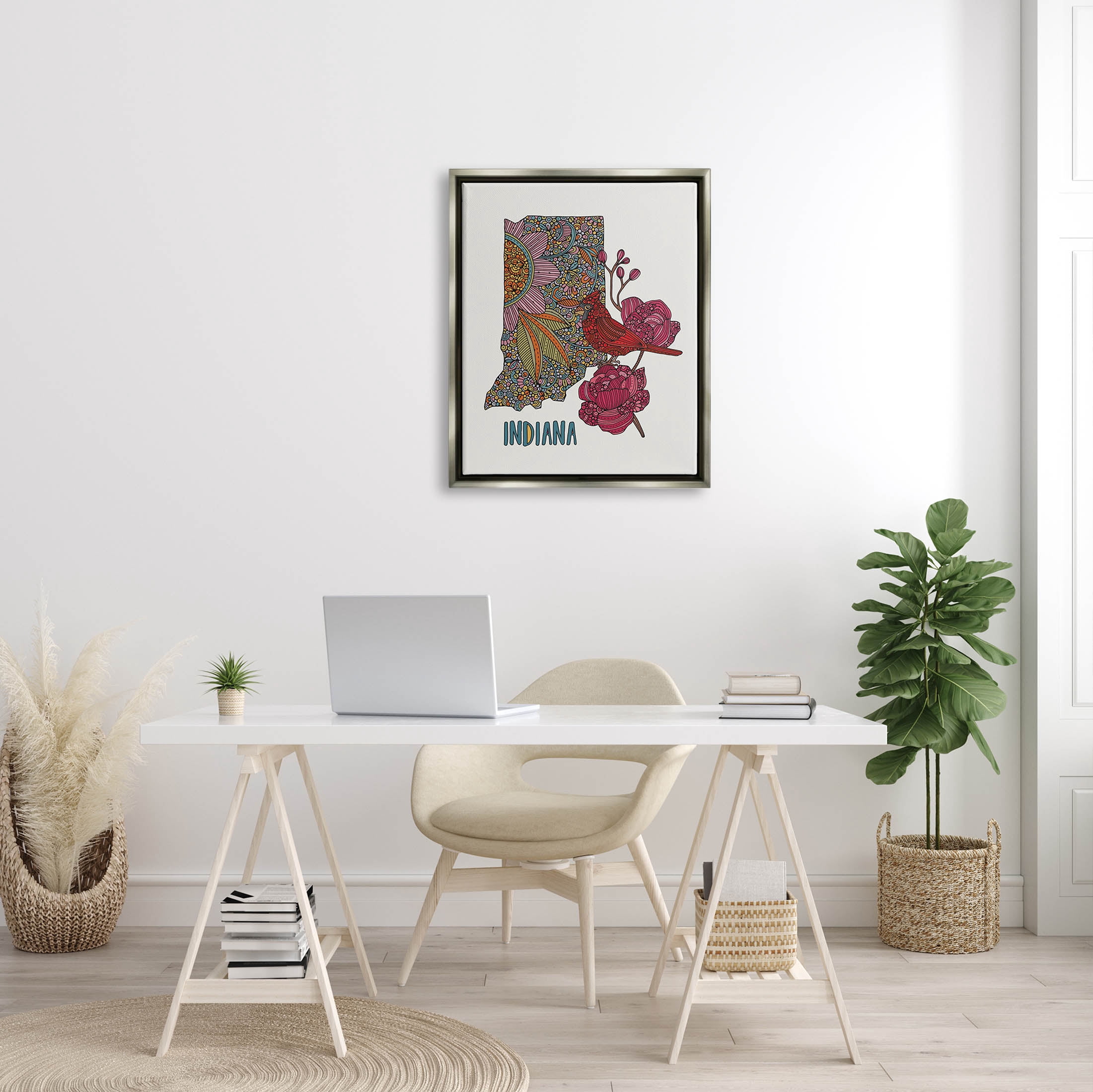 Stupell Industries Indiana State Bird Florals Graphic Art Luster Gray Floating Framed Canvas Print Wall Art, Design by Valentina Harper