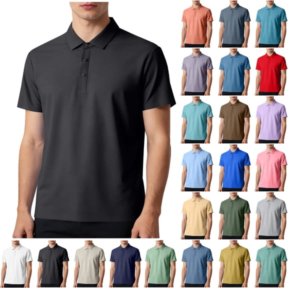 Lenago Shirts for Men Short Sleeve Solid Color Turndown Collar 3 Buttons Golf Shirts Classic Fit Casual Performance T-Shirt Loose Ice-Silk Seamless Sweat-wicking Elastic Blouse