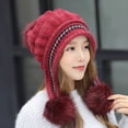 thumbnail image 2 of Xfvqtps Womens Beanie with Plush Pompom Tassels Knitted Winter Printing Thickened Stretch Windproof Coldproof Outdoor Warm Winter Hat Red, 2 of 5