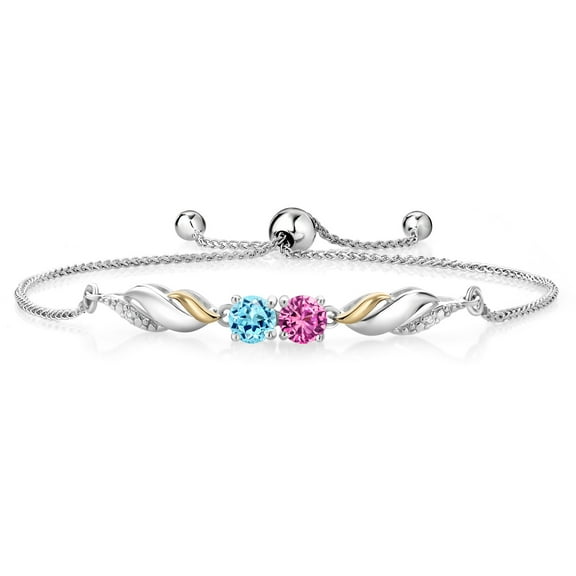 Gem Stone King 1.06 Ct Pink Created Sapphire Blue Apatite 925 Silver and 10K Yellow Gold Lab Grown Diamond Bracelet for Women Fully Adjustable up to 9 inch