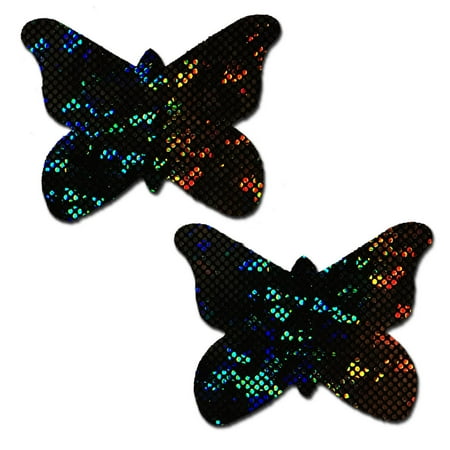 Pastease - Nipple Pasties - Shattered Glass Disco Ball Glitter Black Butterflies - 2.7" x 2"