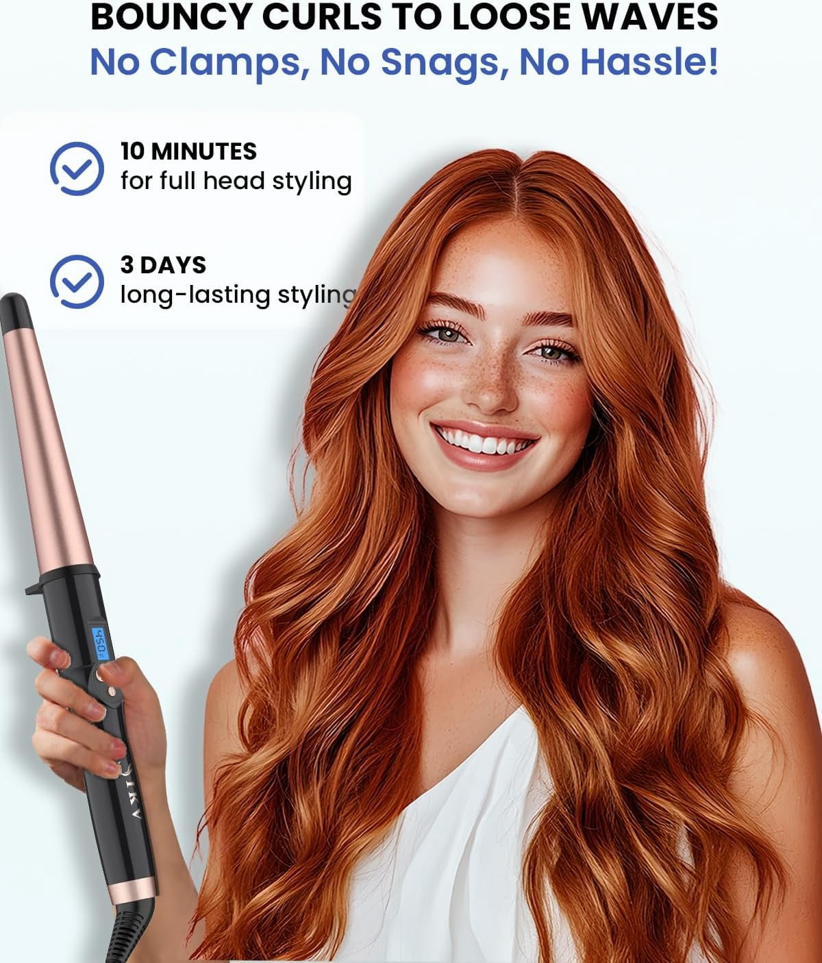 Ceramic Tapered Curling Wand 0.5-1 Inch Beachy Waves, 1/2-1 Inch Curling Iron for Long Hair,Dual Voltage Hair Wand Curler with LCD Display 225-450℉|Glove Include