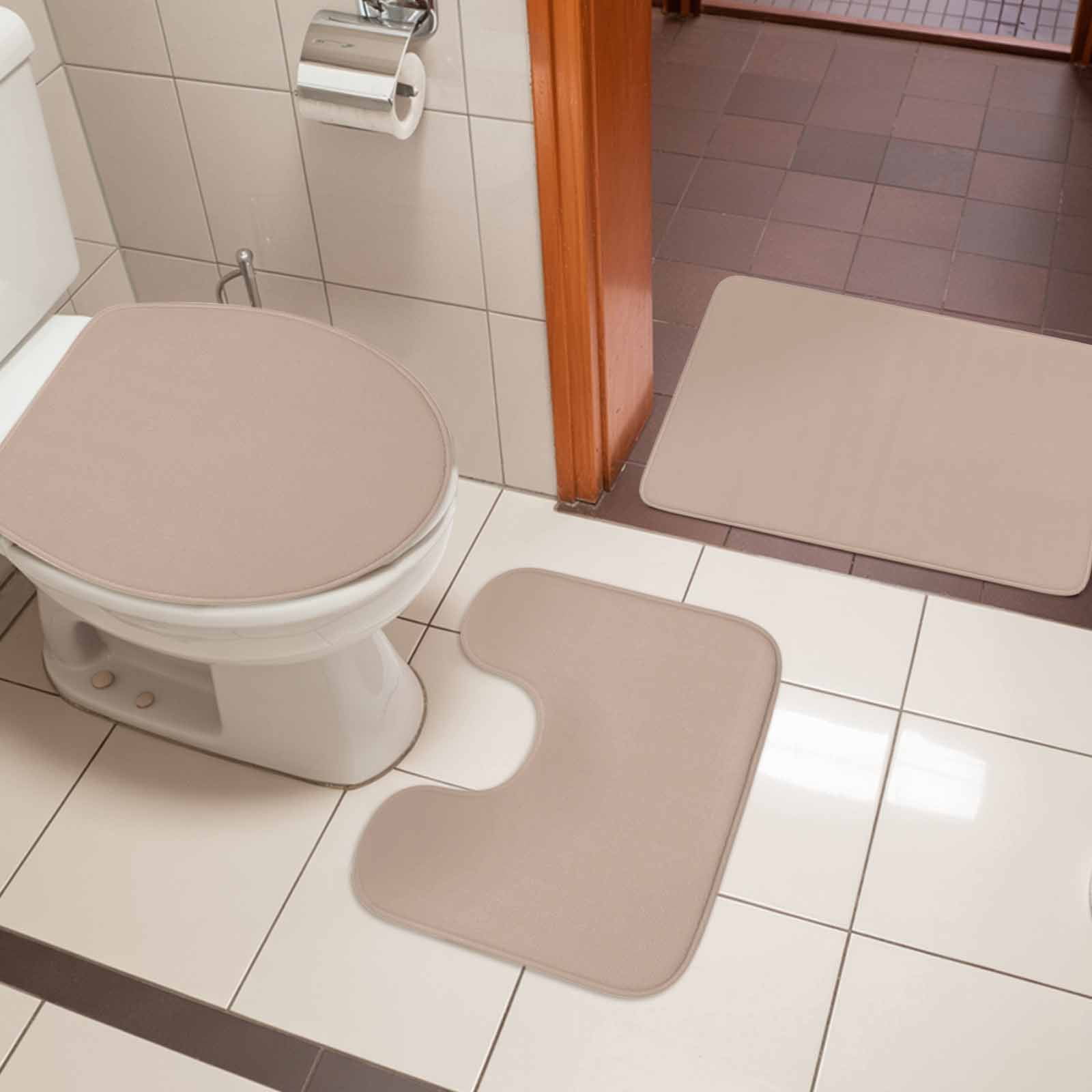 Warm Beige Bath Mat 3 Piece Bathroom Rug Set, Solid Color Farmhouse Beige Non Slip Bath Rug Contour Mat and Toilet Lid Cover, Absorbent Shower Mats Soft Bath Rugs and Mats Sets