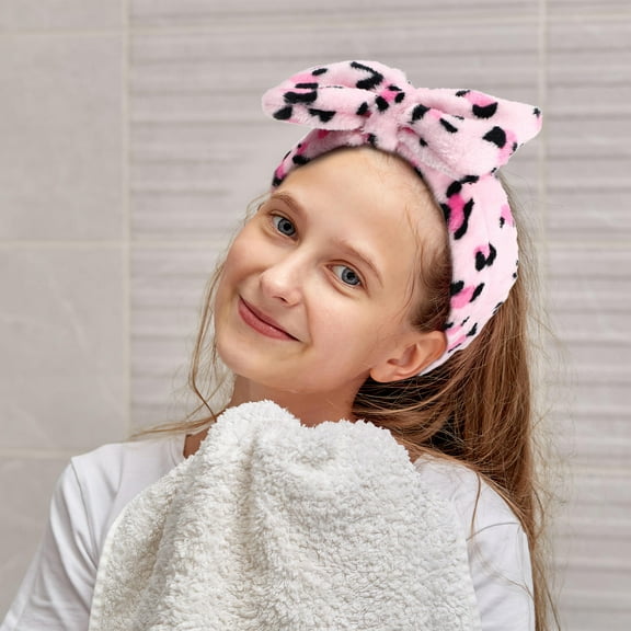 Raindrops 6pcs Plush Headband Leopard Print Skincare Headband Spa Headband Top Knot Headband Makeup Hair Band Bath Headband With Bows
