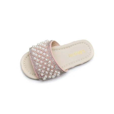 

Zodanni Kids Cozy Beaded Decor Slide Sandals Indoor Lightweight Cute Water Shoes Non-Slip Shower Slippers
