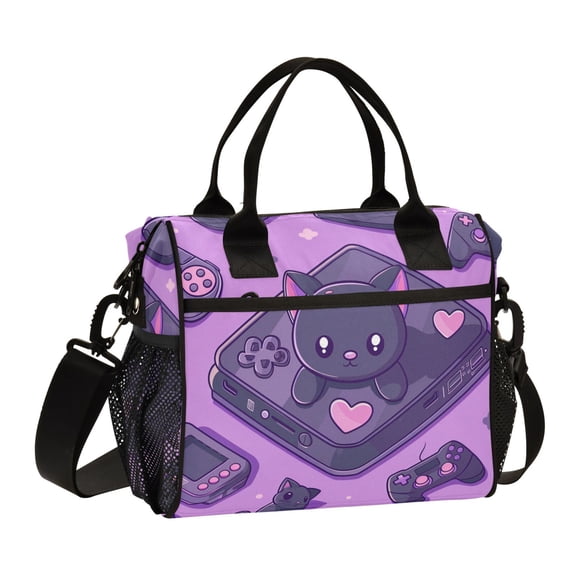 Funny Cat and Game Console Lunch Bag Insulated Lunch Box Leakproof Reusable Cooler Tote Adjustable Shoulder Strap for Men Women 9L