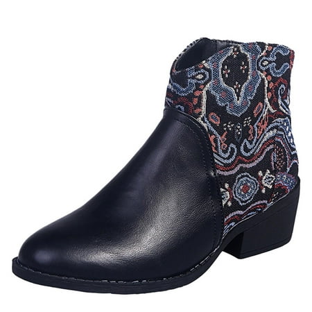 

jsaierl Chunky Block Heel V Cut Chelsea Boot for Women Classic Faux Leather Western Printed Ankle Booties