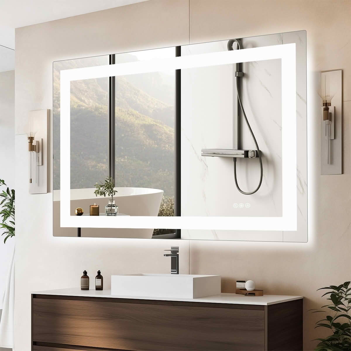 MAYEERTY 36 X 48 Inch Rectangle Anti-fog LED Bathroom Mirror, Dual Light Source Three Lighting Modes