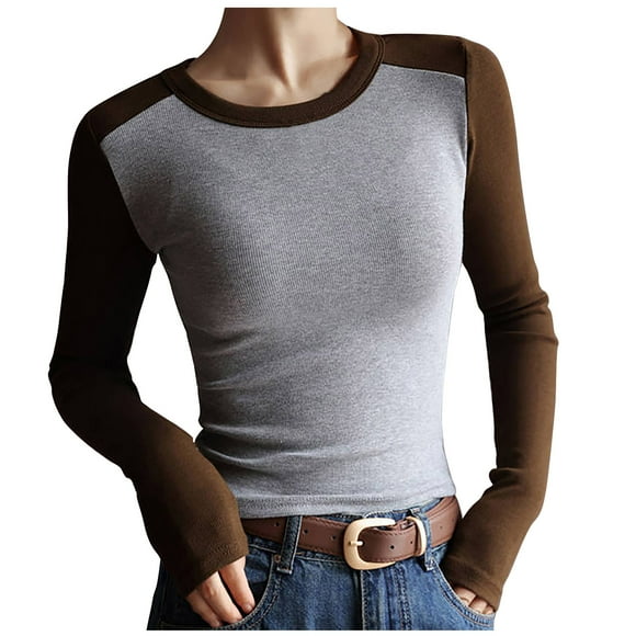 Yuyuzo Fall Winter Tops for Women Crew Neck Color Block Long Sleeve Slim Fitted Dressy Underscrubs
