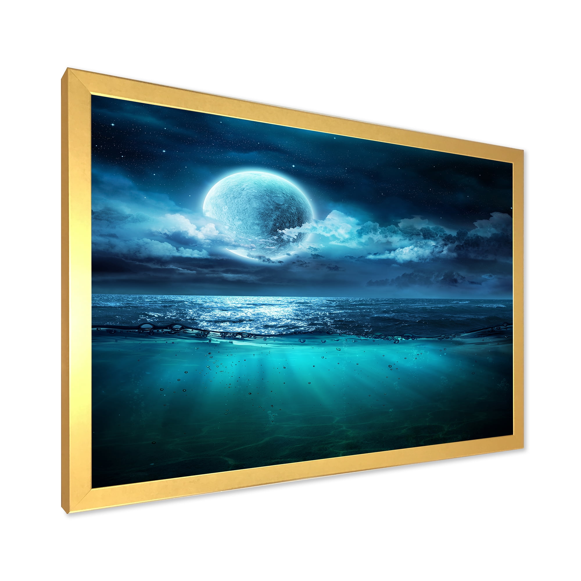 Designart 'Romantic Moon and Clouds Over Deep Blue Sea II' Nautical & Coastal Framed Art Print