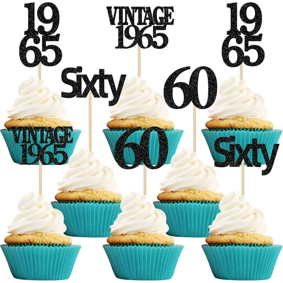 10pcs 60th Birthday Cupcake Toppers Black Glitter Vintage 1963 Cupcake Picks Sixty Cheers to 60 Years Old Birthday Cupcake Topper for Happy 60th Birthday Anniversary Party Cake Decorations