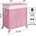 thumbnail image 4 of Laundry Hamper with Wheels, Handwoven Rolling Laundry Basket with Lid, Clothes Hamper with Divided Removable Liner Bag, 115L Large Capacity Laundry Sorter Laundry Room Organization, Pink, 4 of 14
