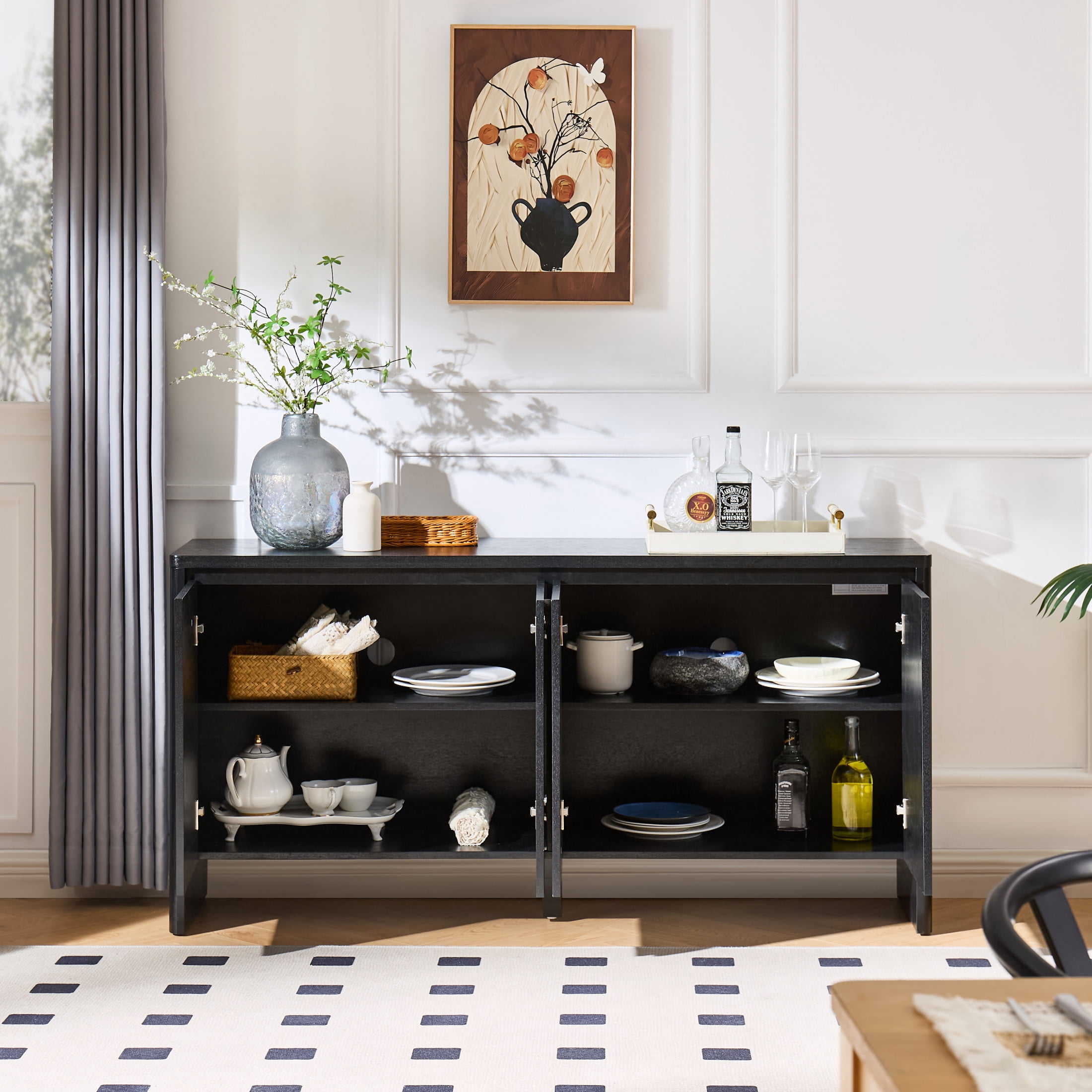 GDF Studio 61.1-Inch Mid-Century Sideboard Buffet Cabinet with Adjustable Shelves, Outlet Holes, Black