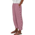 thumbnail image 2 of Women Striped Print Side Button Casual Pants, Elastic Waist Loose Straight Pocket Comfort Long Trousers 07-Red XXL, 2 of 5