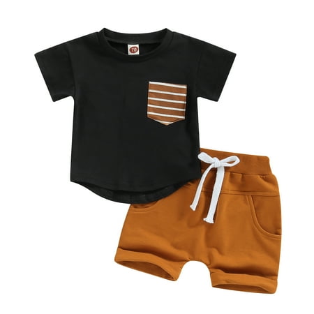

Toddler Boys Summer Outfit Sets 6M 12M 18M 24M 3Y Short Sleeve Contrast Color Tops + Solid Color Drawstring Shorts