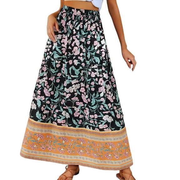 Arlun Summer Bohe A-Line Long Skirts for Women Loose Cozy Lightweight Flowy Floral Maxi Skirt 2026 Beach Vacation Stylish Bottoms Smocked Elastic High Waist Casual Skirt 5-Black XL