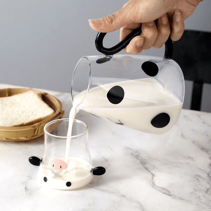 Coffee Pot Cup Set 550ml Glass Jug Creative Cute Cow Cold Water Bottle Modern Fashion Flower Teapot with Handle Milk Cup Jug Set