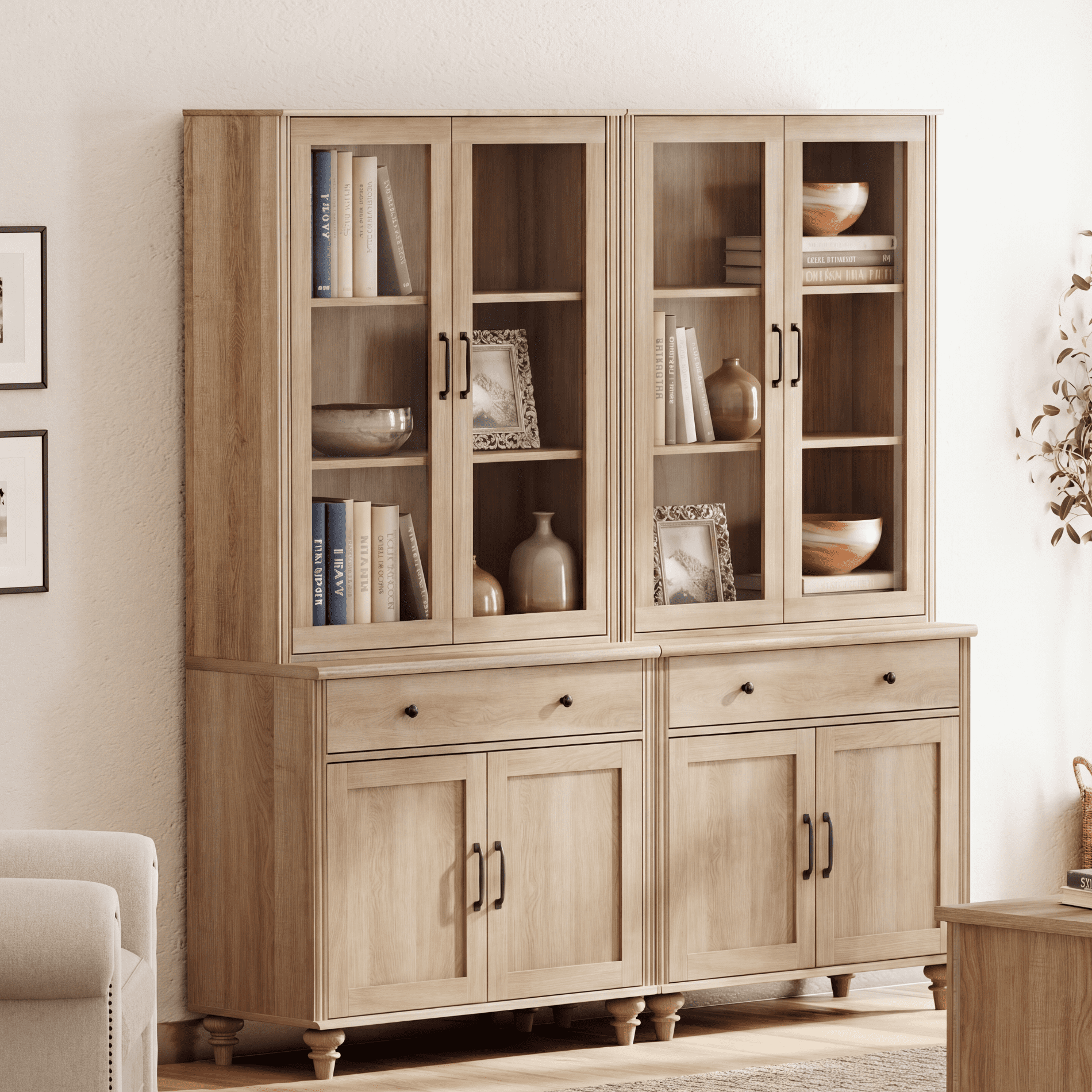 Oak 5-Tier Bookcase with Glass Doors, Farmhouse Bookshelf with Ample Storage Cabinet, Large Library Wooden Bookshelves for Living Room, Office, Kitchen