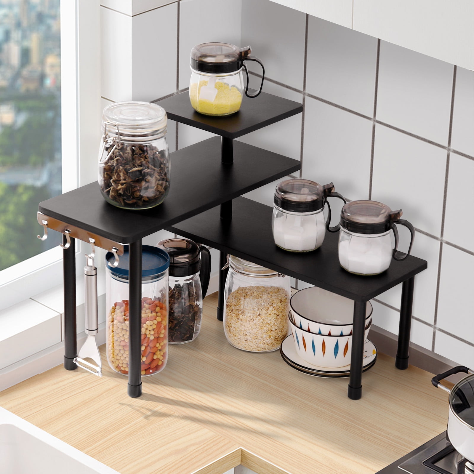 Ollieroo 3 Tier Kithen Countertop Organizer,Bamboo Corner Shelf,Bathroom Storage Display Counter Shelves for Make Up,Dresser Table with Hooks,Black