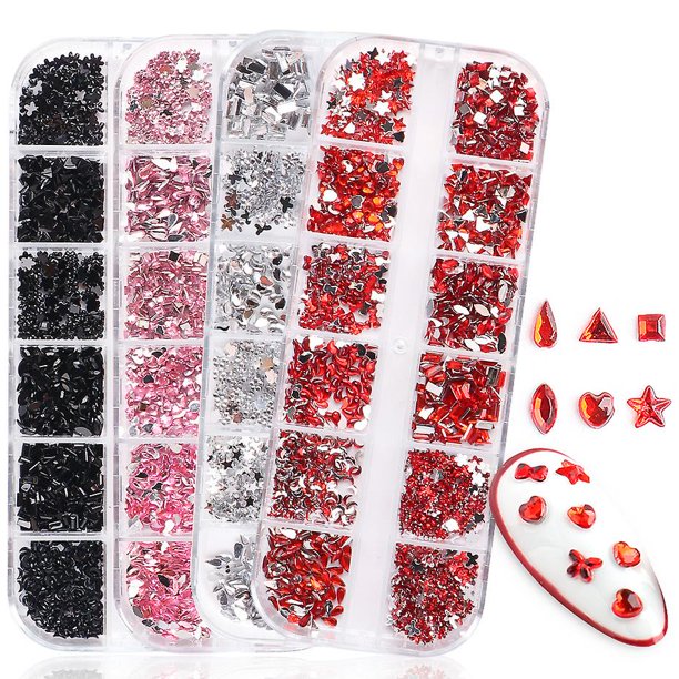 4 cajas de kit de uñas mezcla de adornos de uñas postizas diamantes de uñas lentejuelas decoración de bricolaje manicura accesorios de uñas para uñas usables mujeres niñas Rojo Verde Cocina, Decoración y Otros