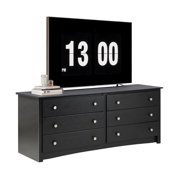 edx 59in Wood Dresser 6 Drawer, Black Storage Cabinet, Vintage Dresser, Chest of Drawers for Bedroom and Living Room, Black
