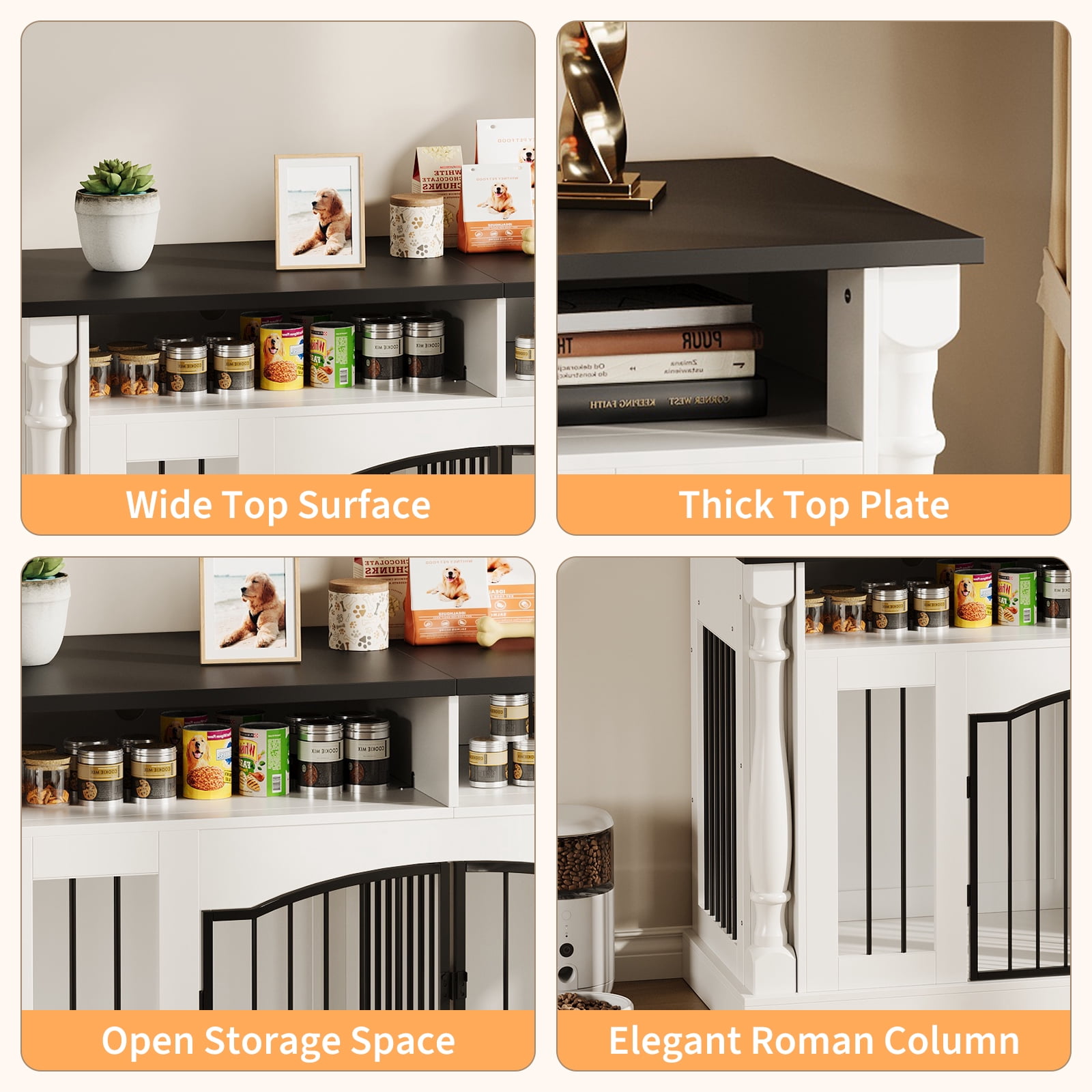 Heavy Duty Double Dog Crate Furniture for 2 Dogs - 63" Wooden Kennel with Open Storage, TV Stand Table, Charging Station, Sliding Barn Doors - Roman Column Design for Small & Medium Dogs - White