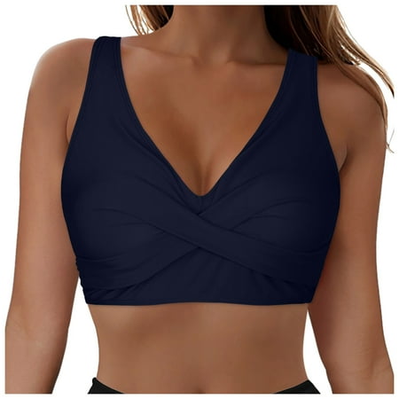 TOWED22 Women Underwire Full Coverage Bikini Top Only Criss Cross Push Up Swim Crop Top Tie Back Bathing Suit(Navy XXL)