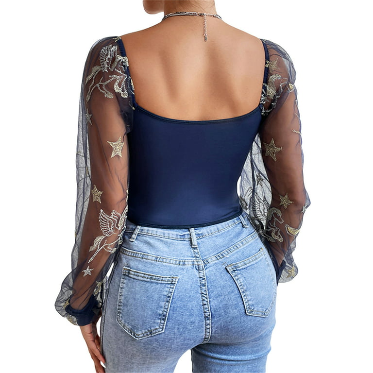 AMILIEe Women Crop Tops Mesh Sheer Long Sleeve Casual Star Embroidered  T-Shirt Blouse Corset Shirt 