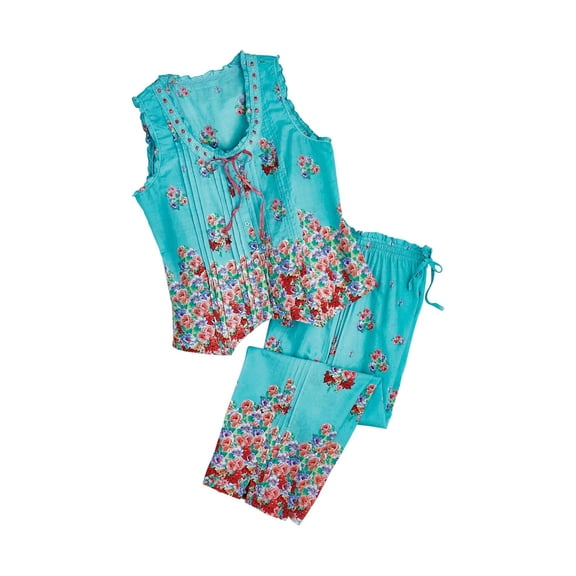 La Cera Women's Roses Pajamas - Floral Print Sleeveless Shirt Capri Pants PJ Set, Aqua Blue - Large