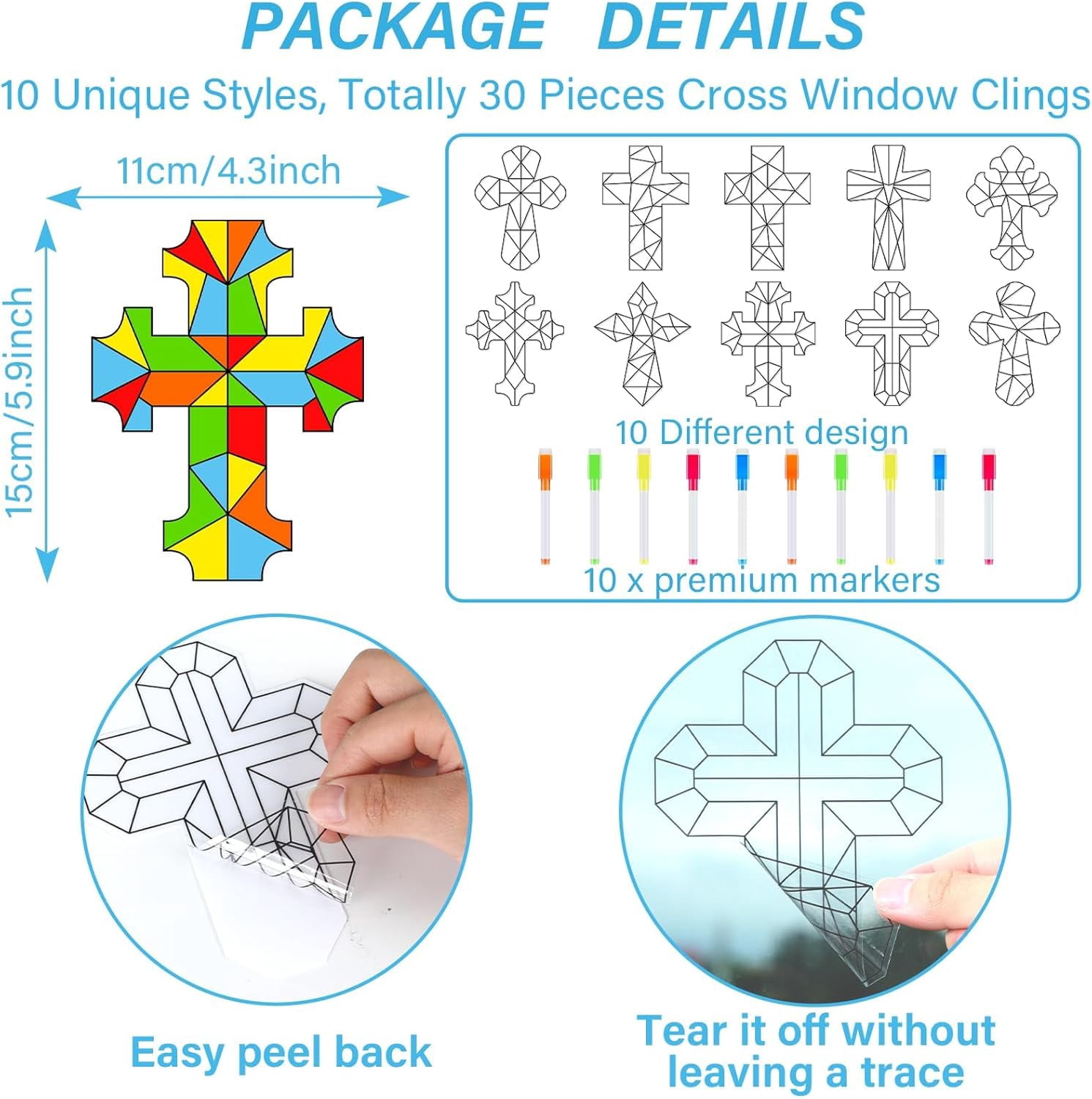 Hltser 30 Pack Easter Cross Window Suncatchers Crafts Kit for Kids Christian Religious DIY Coloring Crafts Window Clings Stickers Kit Sunday School Bible decor with 10 Markers for Home Cl