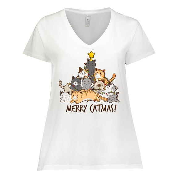 Inktastic Merry Catmas with Cat Tree and Yellow Star Women's Plus Size V-Neck T-Shirt