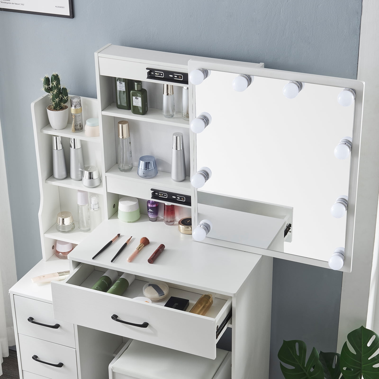 Yamissi Vanity Desk with Lights Makeup Table with Slidable Mirror Modern Dressing Table with Drawers & Cabinet, White