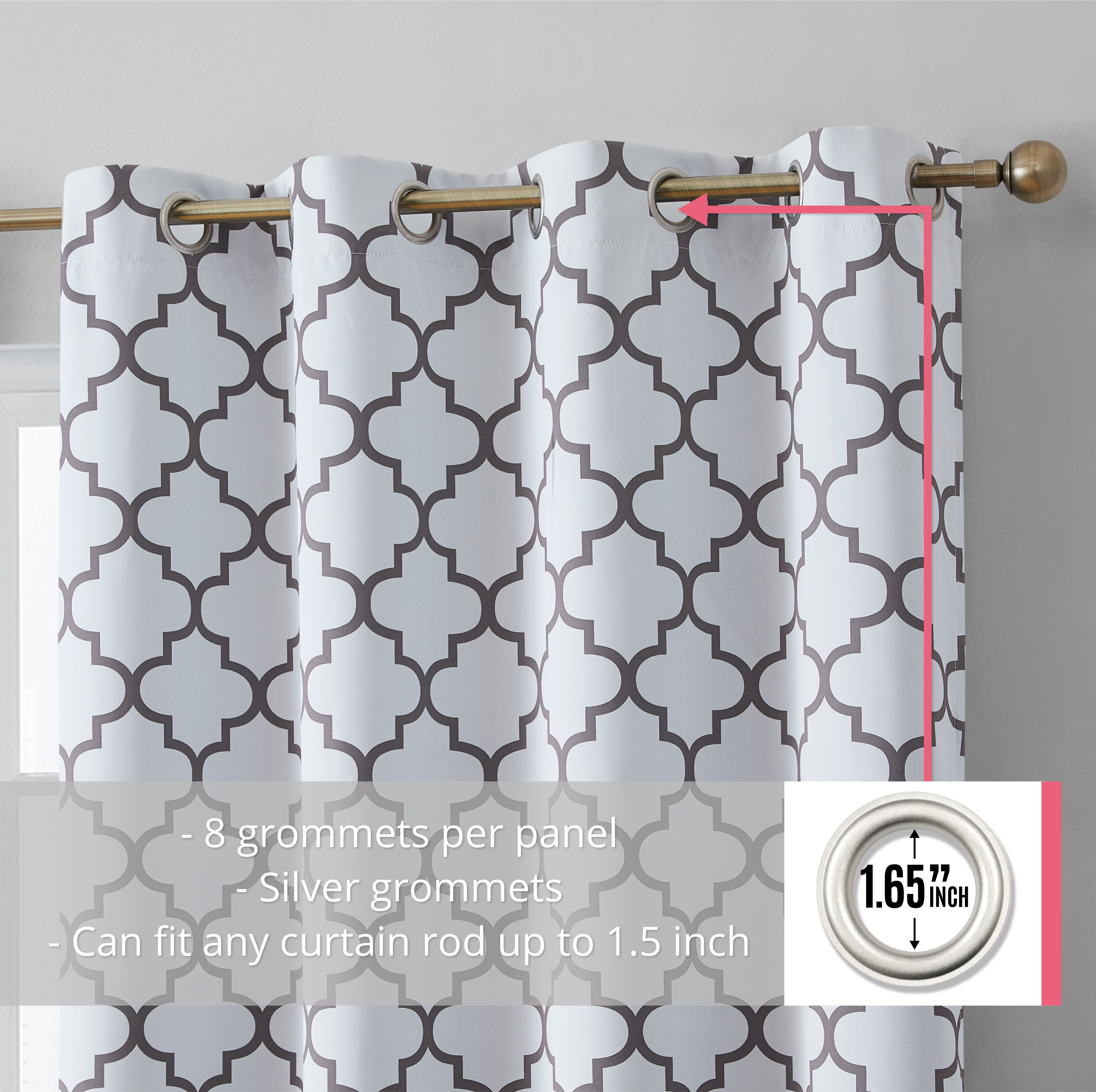 THD Moroccan Trellis Lattice Decorative Printed Pattern Blackout Thermal Privacy Room Darkening Grommet Window Drapes Curtain Panels for Bedroom - Set of 2 (Platinum White Grey, 52 W x 84 L)