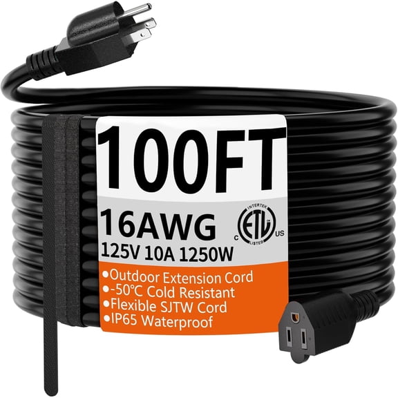 100 FT 16 Gau Black Indoor Outdoor Extension Cord Waterproof, Flexible Cold Weather 3 Prong Electric Cord Outside, 10A 1250W 125V 16AWG SJTW, ETL Listed