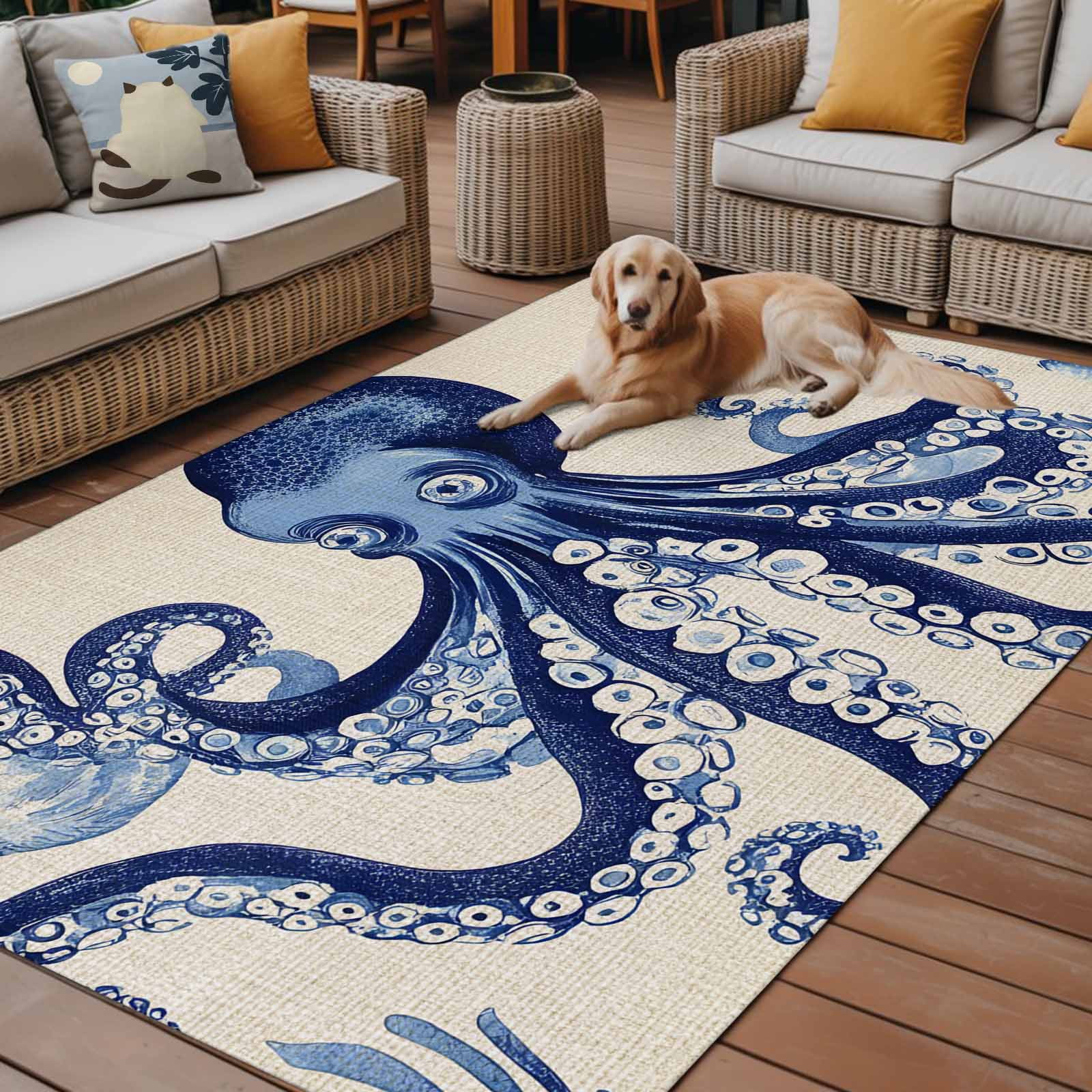 Fsddascl Navy Blue Octopus Coastal Outdoor Rug for Patio/Deck/Porch, Non-Slip Large Area Rug 4 x 6 Ft, Nautical Summer Beach Rustic Indoor Outdoor Rugs Washable Area Rugs, Camping Rug Carpet