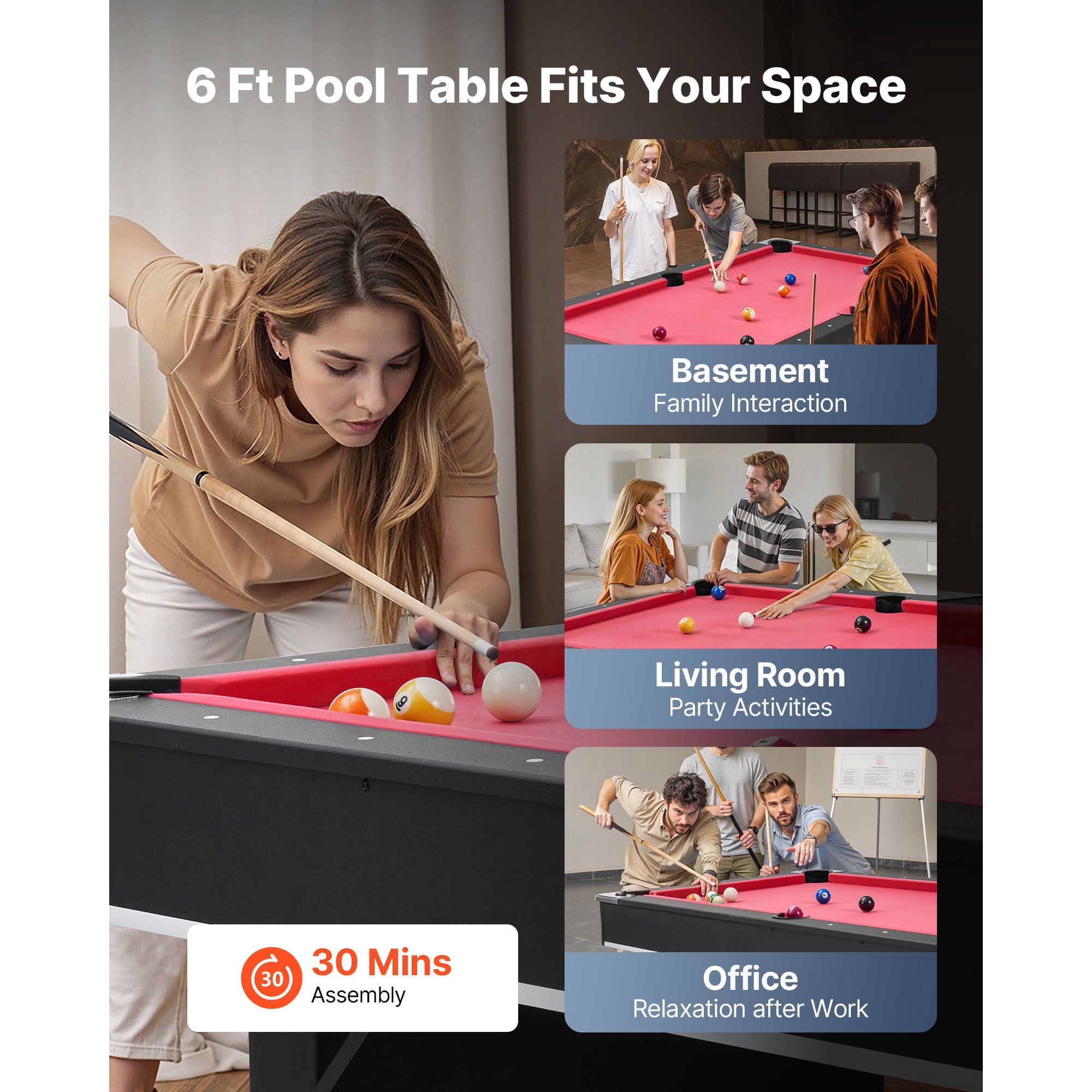 KFFKFF 6 ft Portable Pool Table, Adjustable Feet for Stability, Game Set with Balls, Cues, Rack, Chalk, and Brush, Black Frame with Red Felt, Ideal for Home and Recreation Rooms