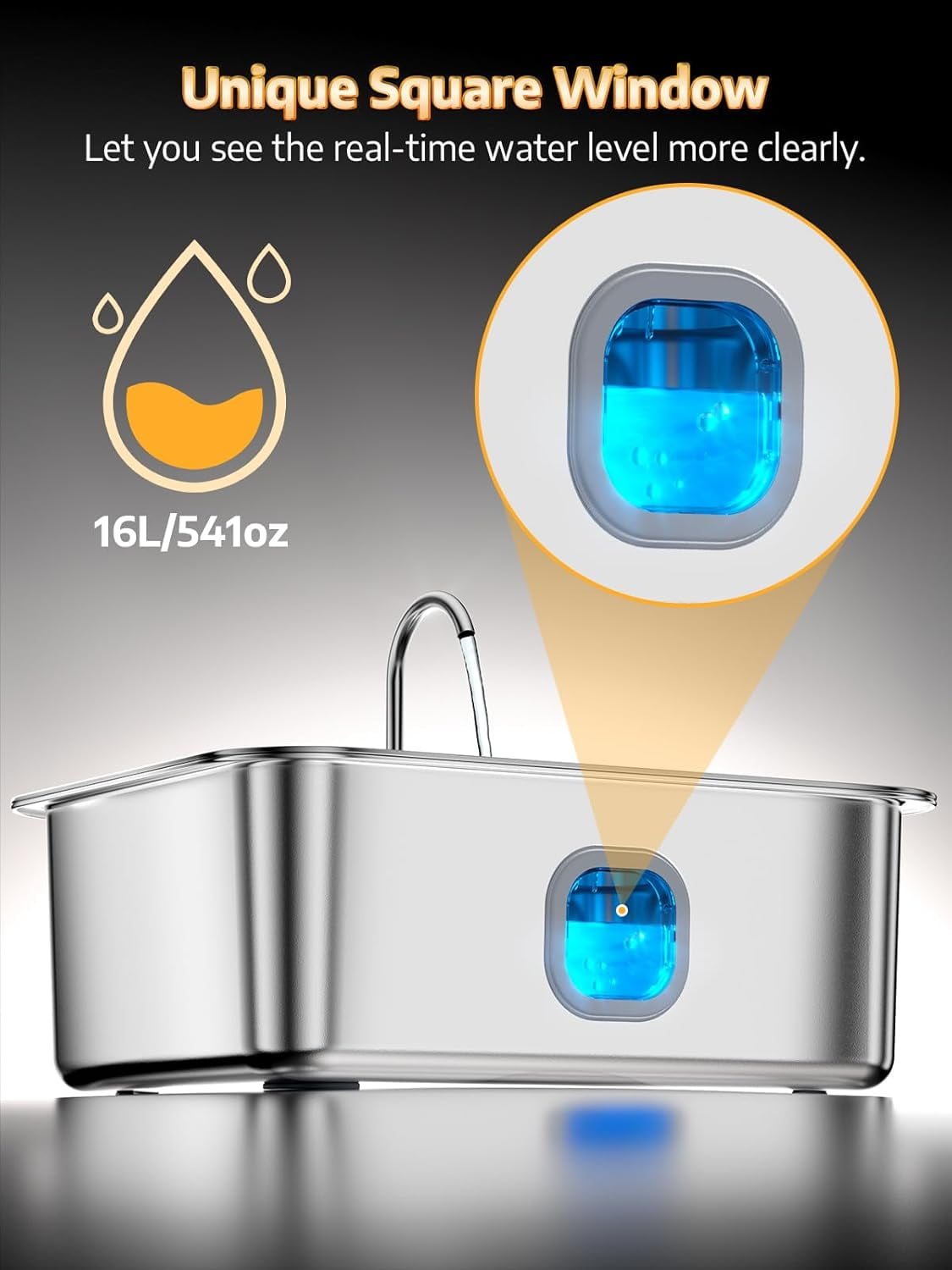 Large Stainless Steel Dog Water Fountain, 16L Automatic Pet Dispenser with Wider Drinking Tray and Visible Window for Multi-Pet Families